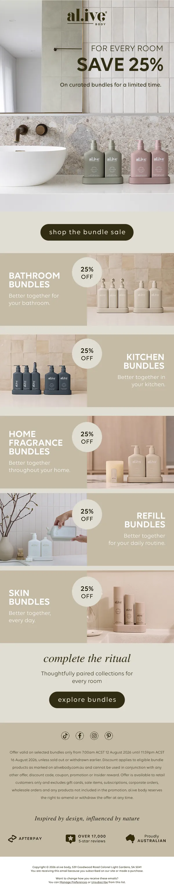 al.ive body bundle sale launch email — save 25% for every room