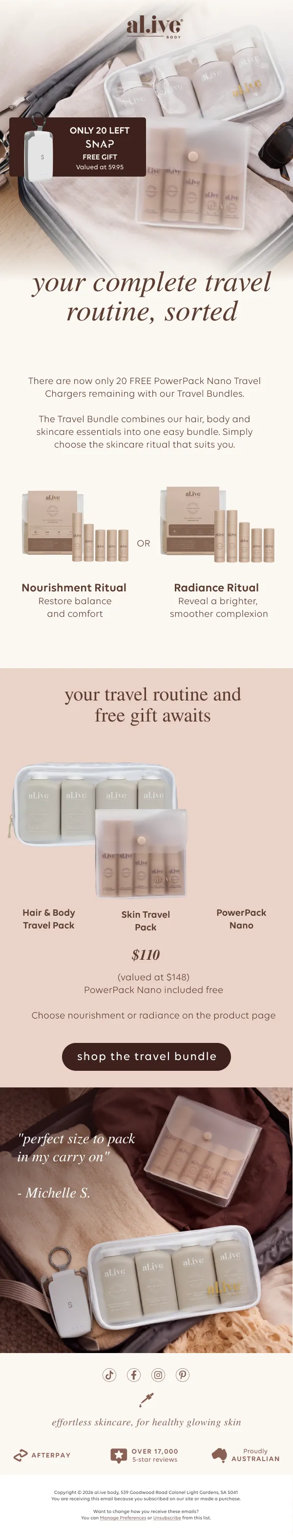 al.ive body travel focus and gift-with-purchase email