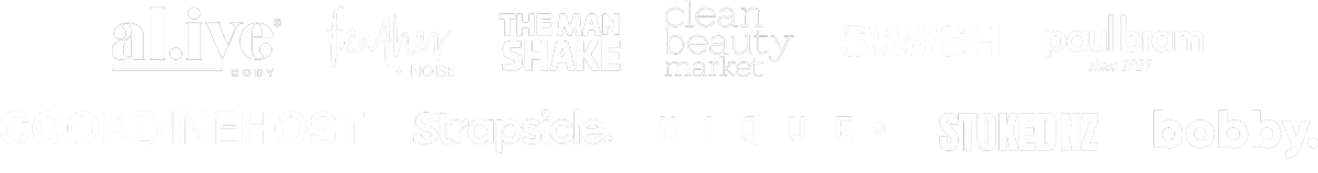 al.ive body, feather+noise, The Man Shake, clean beauty market, SWIISH, paul bram, CookDineHost, Strapsicle, NIQUE, STOKEDNZ and bobby